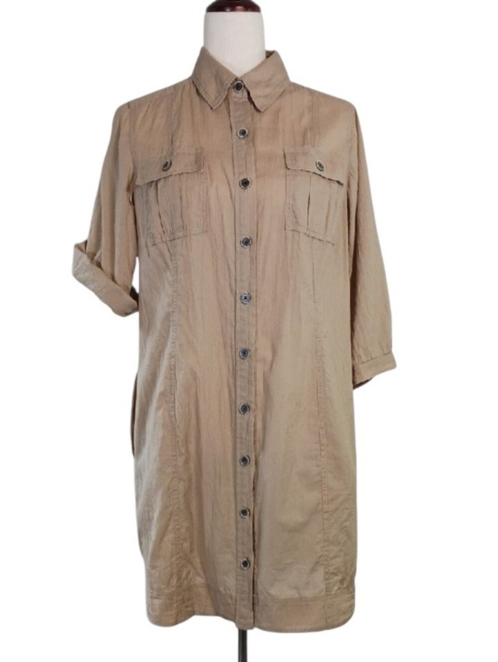 BANANA REPUBLIC Cotton Crinkle Shirt Dress Pockets Button Up Khaki Size 10P